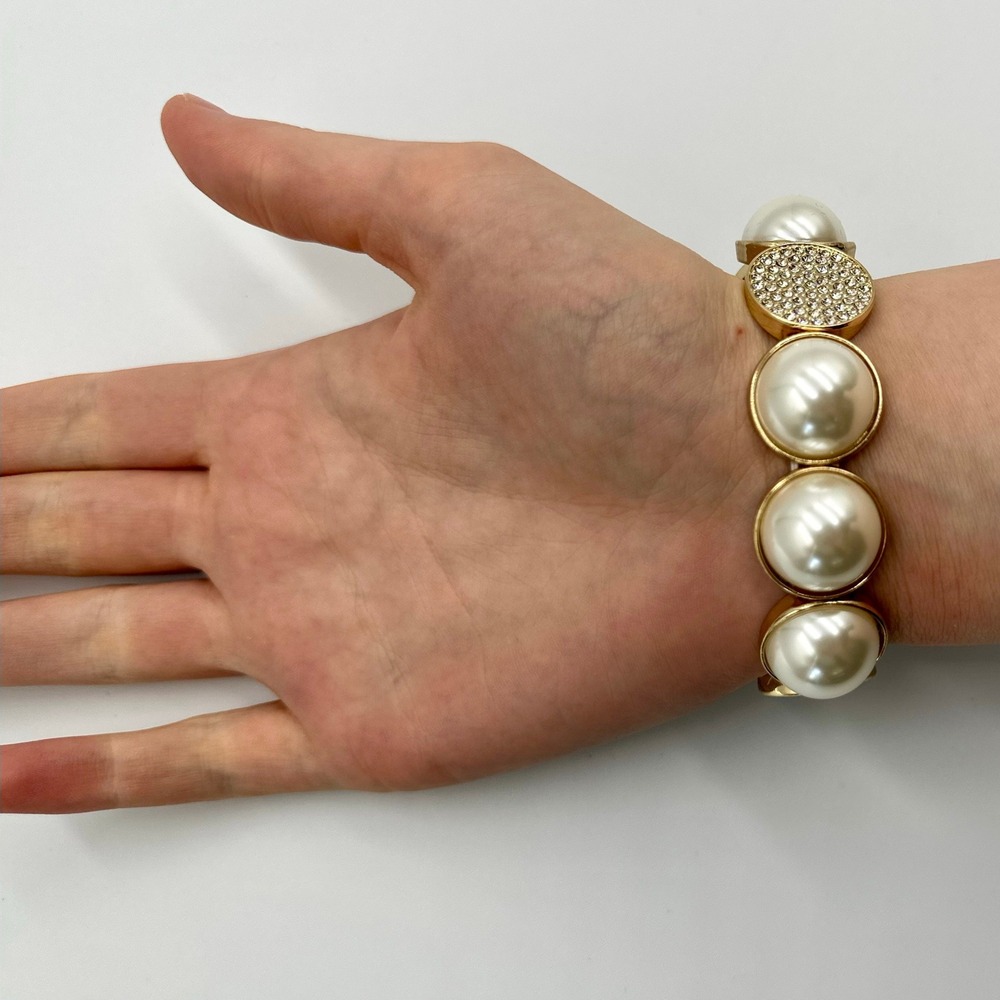 Chunky Faux Pearl Rhinestone Stretch Bracelet Gold Tone Statement Dome Bling - Picture 4 of 7
